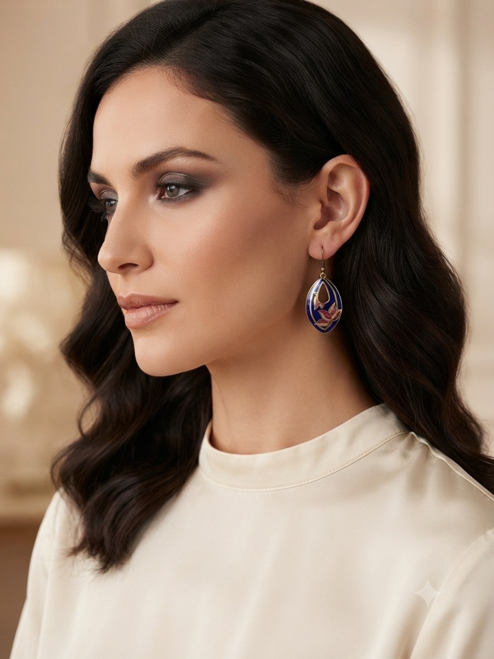 Blue Enamel Teardrop Earrings with Gold Accents